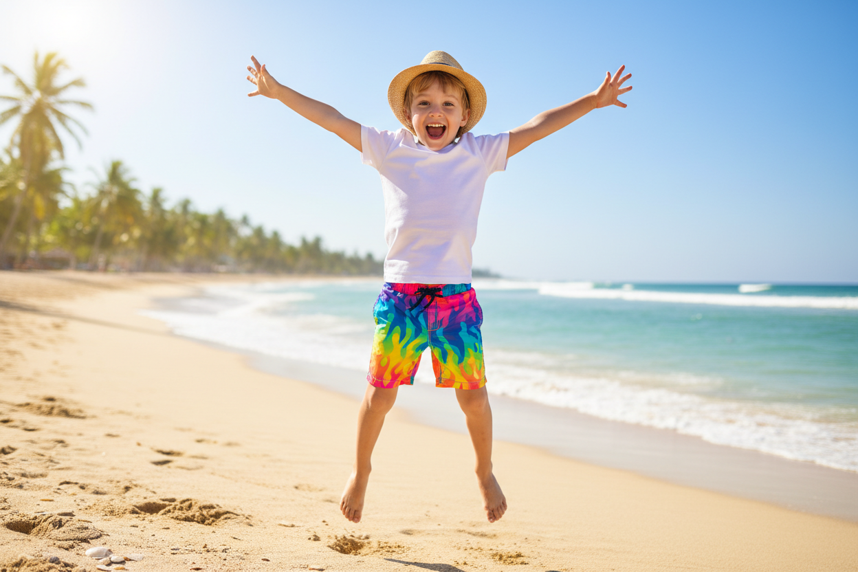 a kid wear a colorful shorts