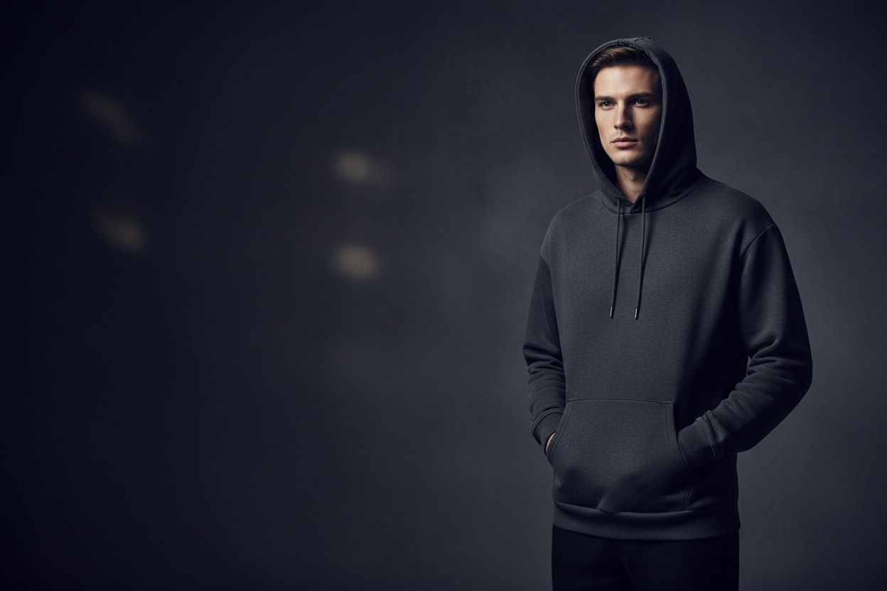 I want a 16:9 ratio image that a man model wear a hoodie and the model should be in the right side of the image. the image lightly dark