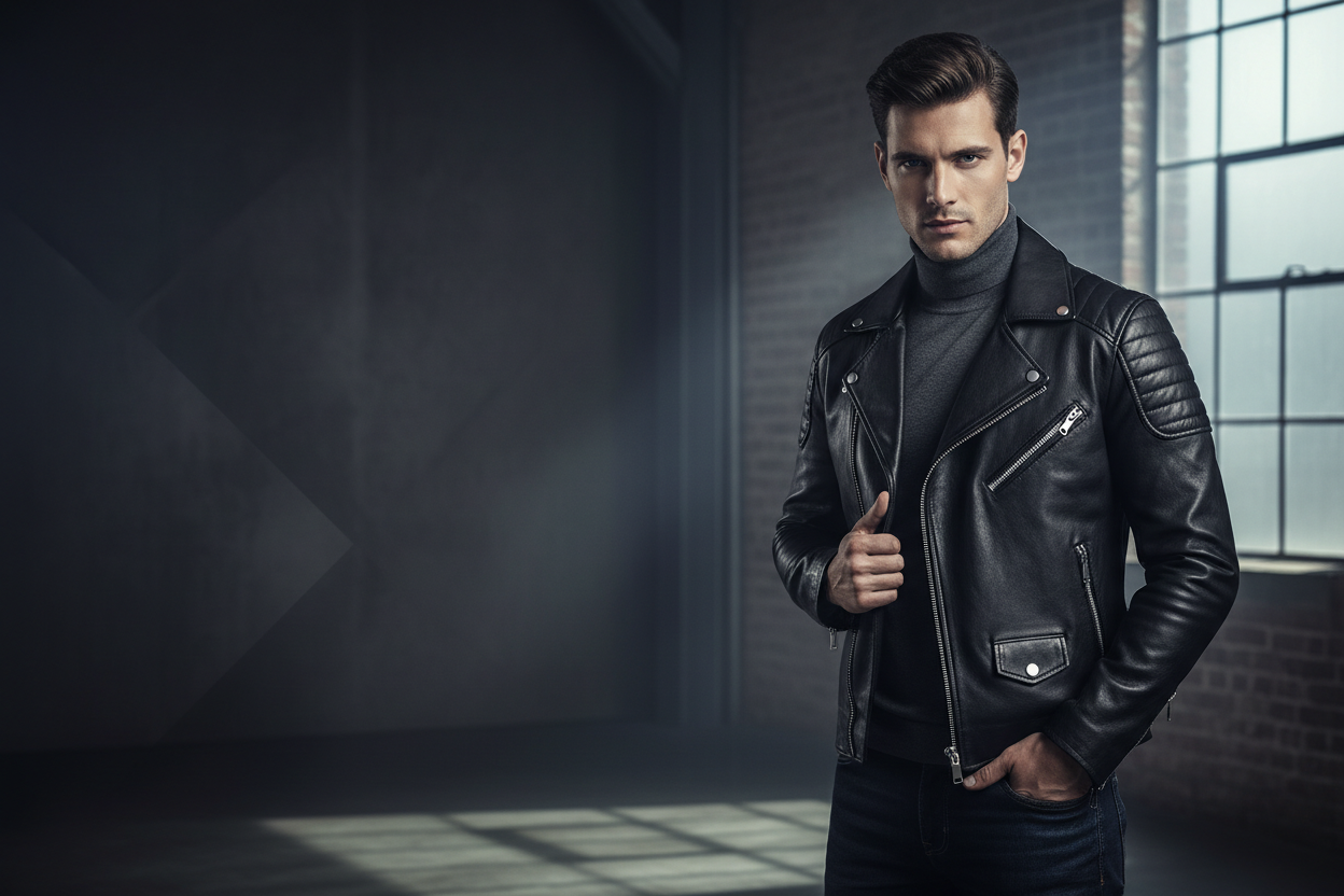 I want a 16:9 ratio image that a man model wear a jackets and the model should be in the right side of the image. the image lightly dark